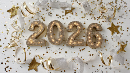 A stunning display of glittery gold numbers "2026" surrounded by shiny stars and decorative ribbons sets the perfect festive atmosphere for a New Year celebration.の素材