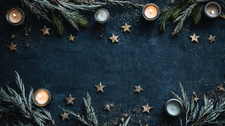 This beautiful holiday-themed arrangement features candles, greenery, and sparkling stars on a dark surface. Perfect for festive celebrations or seasonal inspirations.の素材