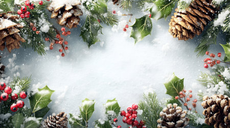 A beautiful arrangement of pine cones, red berries, and green holly leaves surrounded by a soft layer of snow, perfect for holiday-themed projects and designs.の素材