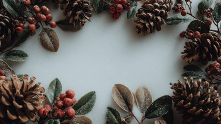 This image features an elegant arrangement of pine cones, berries, and leaves on a soft white background, perfect for inspiration in holiday decor and seasonal crafts.の素材
