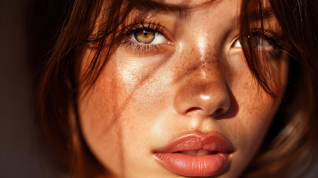 This striking close-up portrait captures a young woman with captivating freckles and bright eyes, highlighted by soft natural light, radiating warmth and beauty.の素材