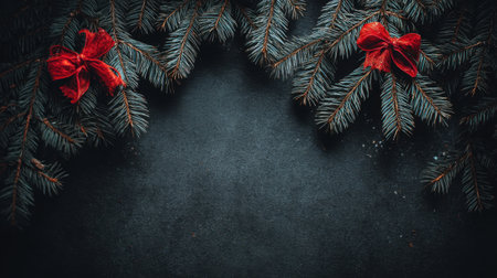 This image features fresh evergreen branches with red bows, creating a warm and festive scene perfect for Christmas celebrations and seasonal themes.の素材