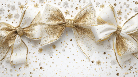 A beautifully arranged composition featuring elegant gold and white bows adorned with glitter, set against a background of sparkling decorations, perfect for festive occasions.の素材
