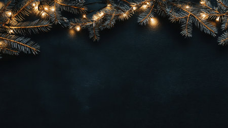 This image features beautiful evergreen branches adorned with warm glowing lights set against a dark background, perfect for holiday designs and seasonal festivities.の素材
