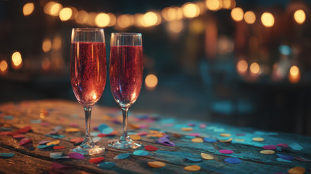 Two elegant glasses of sparkling drinks sit on a wooden table, adorned with colorful confetti and illuminated by blurred festive lights, creating a joyful celebration atmosphere.の素材