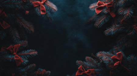 Experience the essence of the holiday season with this rich Christmas background, featuring dark textures and charming pine branches adorned with vibrant red ribbons.の素材