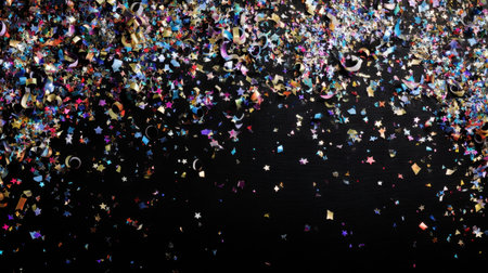 A vibrant display of confetti and streamers cascading over a dark background, perfect for creating a festive atmosphere at parties and events.の素材