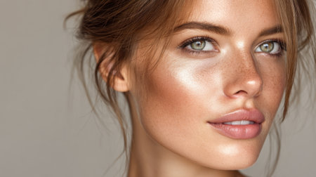 Captivating portrait of a young woman showcasing glowing skin and expressive green eyes. Perfect for projects focused on beauty, fashion, and lifestyle themes.の素材