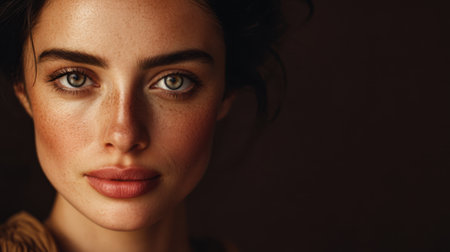 A stunning close-up portrait of a young woman featuring captivating eyes and charming freckles. The soft lighting accentuates her natural beauty and elegance.の素材