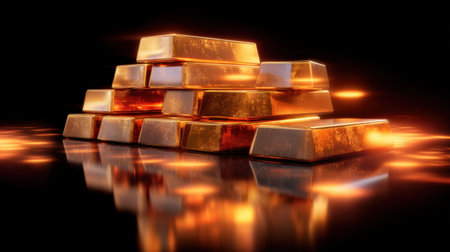 A captivating display of gold bars stacked elegantly, reflecting light on a dark surface. The warm glow enhances the feeling of wealth and luxury, ideal for finance themes.の素材