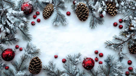 Enjoy the serene beauty of winter with this festive arrangement featuring snow-covered pine cones, red ornaments, and evergreen branches, perfect for seasonal decorations.の素材