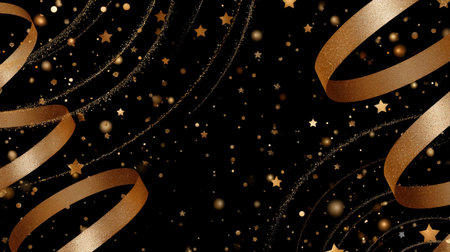 This stunning image features a black background with golden stars and swirling ribbons, creating an elegant atmosphere suitable for various celebratory events and designs.の素材