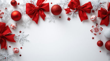 A beautiful arrangement of vibrant red bows, shiny ornaments, and delicate snowflakes set against a clean white background, perfect for holiday celebrations and festive designs.の素材