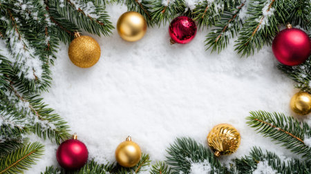 This captivating image features colorful Christmas ornaments nestled among lush pine branches, set against a snowy backdrop, perfect for holiday-themed projects.の素材