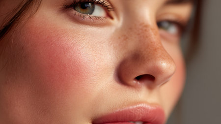 A beautiful close-up portrait of a young woman's face, showcasing her radiant skin, freckles, and mesmerizing eyes, embodying natural beauty and confidence.の素材
