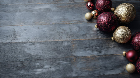 A stunning arrangement of red and gold Christmas ornaments on a rustic wooden table, perfect for holiday decorations and creating a warm festive atmosphere.の素材