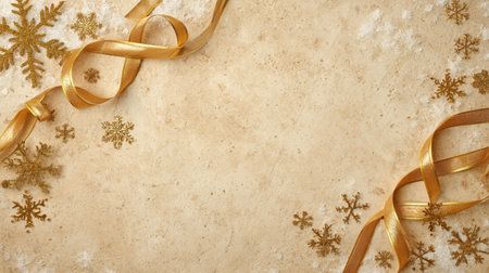 Showcasing a warm, elegant background featuring golden ribbons and snowflakes, this image is ideal for creating festive cards, invitations, or seasonal decorations.の素材