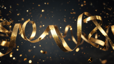 This image captures golden ribbons suspended in the air, surrounded by sparkling dust, creating an enchanting atmosphere perfect for celebrations and special events.の素材