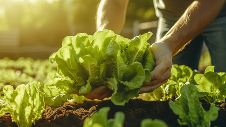 Farmer close-up holding and picking up green lettuce salad leaves with rootsの素材