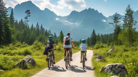 Family with small children cycling outdoors in summer nature,の素材
