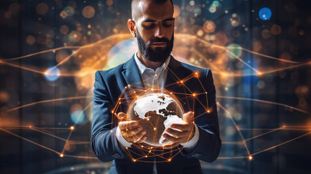 Businessman holding global network connection on social networking and customer data analytics, Business strategy and smart intelligence, digital marketing, Technology and global businessの素材