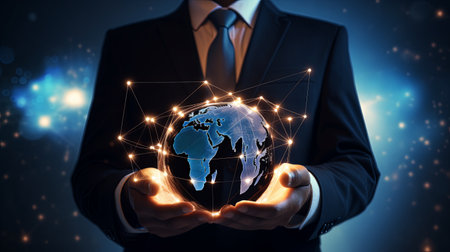 Businessman holding global network connection on social networking and customer data analytics, Business strategy and smart intelligence, digital marketing, Technology and global businessの素材