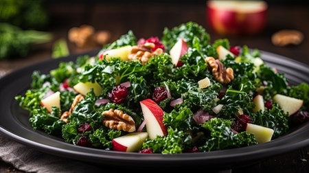 Kale salad with apple, beetroot, walnut and raisins in white plate. Healthy foodの素材