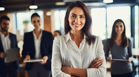 Smiling confident business leader looking at camera and standing in an office at team meeting. Portrait of confident businesswoman with colleagues in boardroom. Posing while holding digital tablet.の素材