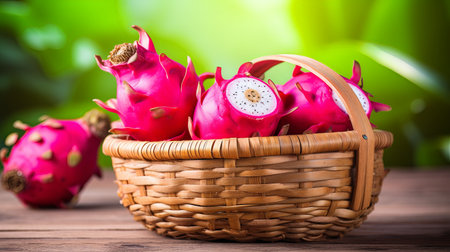Red dragon fruit or pitaya in basket on wooden background, Tropical fruit in summer seasonの素材