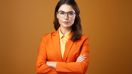 Young successful employee business woman corporate lawyer wear classic formal orange suit glasses work in office look camera hold hands crossed folded isolated on plain beige colorの素材