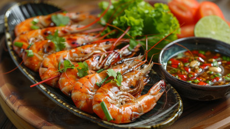 Grilled shrimp Giant River Prawn with spicy seafood dipping sauce delicious Thai seafood style.の素材