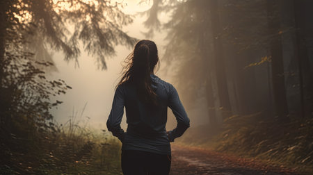 young sporty woman preparing to run in early foggy morning in the beautiful nature forest, wellness conceptの素材