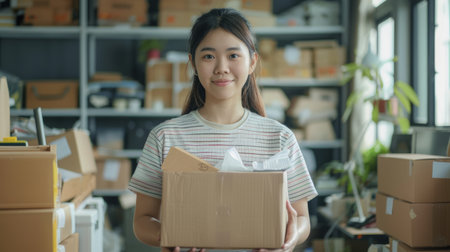 Portrait of Asian young woman SME working with a box at home the workplace.start-up small business owner, small business entrepreneur SME or freelance business online and delivery concept.の素材