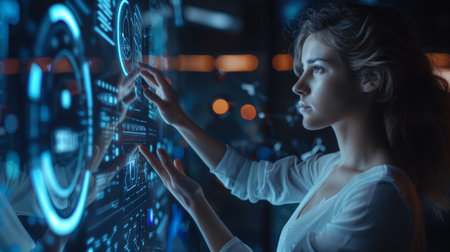 Young woman touching sensitive screen while selecting surface option. Female standing at big display with advanced innovative device with infographics design elements.Person with futuristic technologyの素材