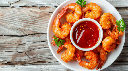 Seafood. Top view of fried shrimps with dipping sauce in a white bowl on the wooden table.の素材