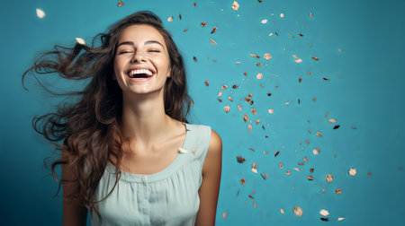 Portrait of a cheerful beautiful girl wearing dress standing standing under confetti rain and celebrating isolated over blue backgroundの素材
