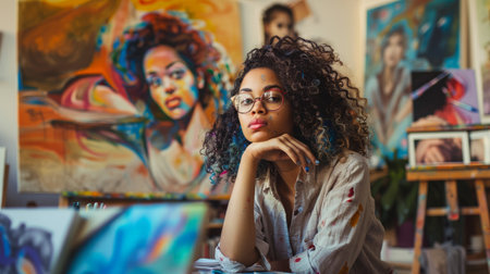 Portrait of a gorgeous female artist working on several art projects on her studioの素材
