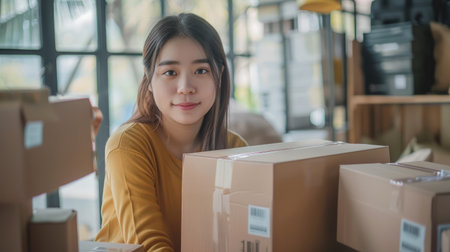 Young asian entrepreneur, Teenager online business owner work at home, Women packing product that customer order from the website, delivered as a package, use services parcel delivery shippingの素材