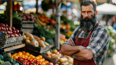 Waist up portrait of bearded man looking at camera while standing by fruit and vegetable stand at farmers market, copy spaceの素材