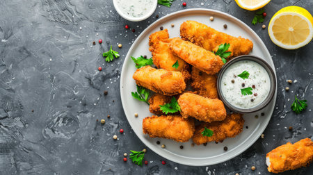 Crumbed fish sticks served with garlic dip sauce on a white plate on a stone table. Top view with copy space.の素材