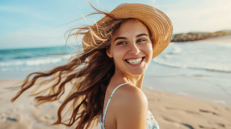 Full length portrait of happy young beach woman in hat going sidewaysの素材