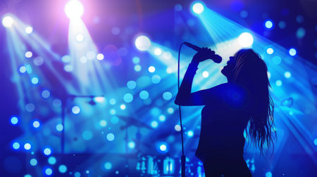 Singer under the glowing blue Bright Lights. Original Vector Illustration.の素材