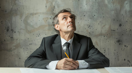 Pensive mature businessman looking up with concentration and writing in his paperwork at officeの素材