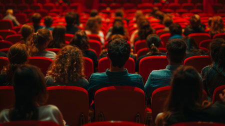 Spectators wait for the start of the concert sitting in the chairs in the auditorium.の素材