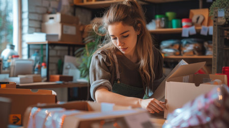 Portrait of Starting small businesses SME owners female entrepreneurs working on receipt box and check online orders to prepare to pack the boxes,の素材