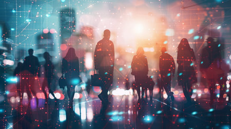 Network and internet communication concept. Silhouettes of business people in abstract city with double exposure of blurry network interface.の素材