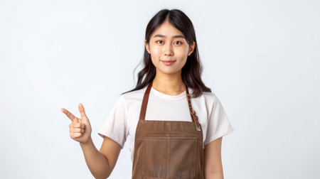 Portrait of Asian woman workers fresh market with brown apron standing and pointing finger to something isolated on white backgroundの素材