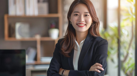 Portrait of smile beautiful business asian woman suit working office desk computer.の素材