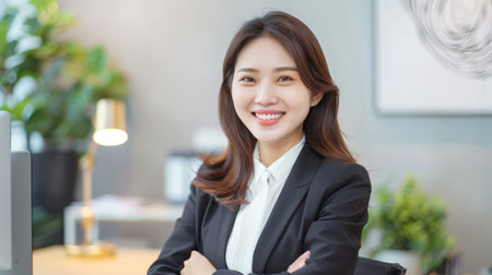 Portrait of smile beautiful business asian woman suit working office desk computer.の素材