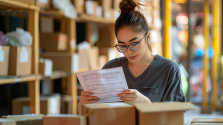 Portrait of Starting small businesses SME owners female entrepreneurs working on receipt box and check online orders to prepare to pack the boxes,の素材